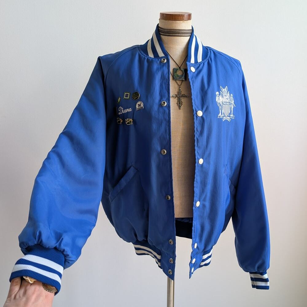 Vintage Blue Varsity Bomber Jacket Preppy Liberty Drill Team Sporty Coat Medium - Picture 10 of 16